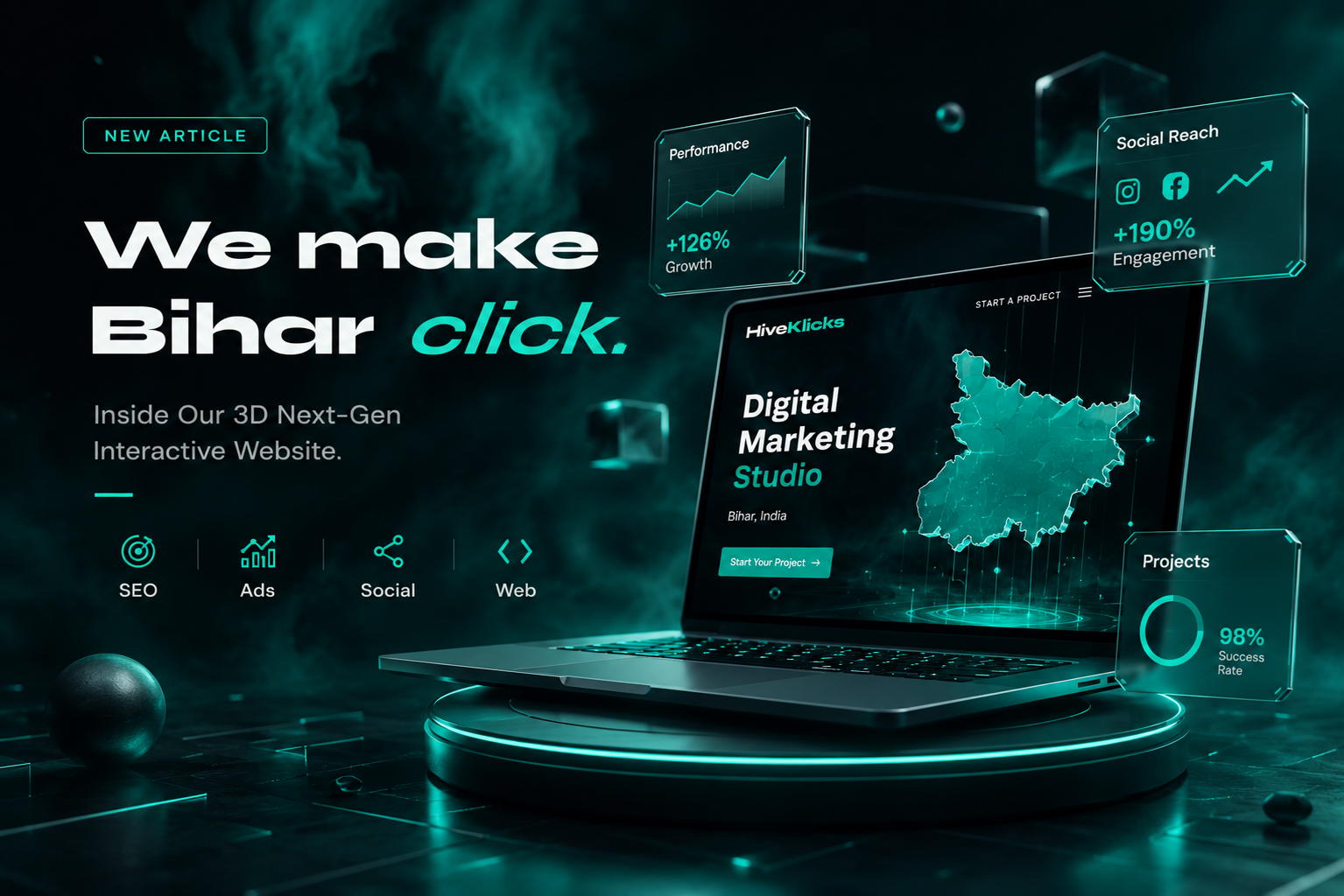 HiveKlicks 3D next-gen interactive website concept: a laptop on a glowing teal podium displaying a digital marketing studio site, with floating performance, social-reach and project stat cards