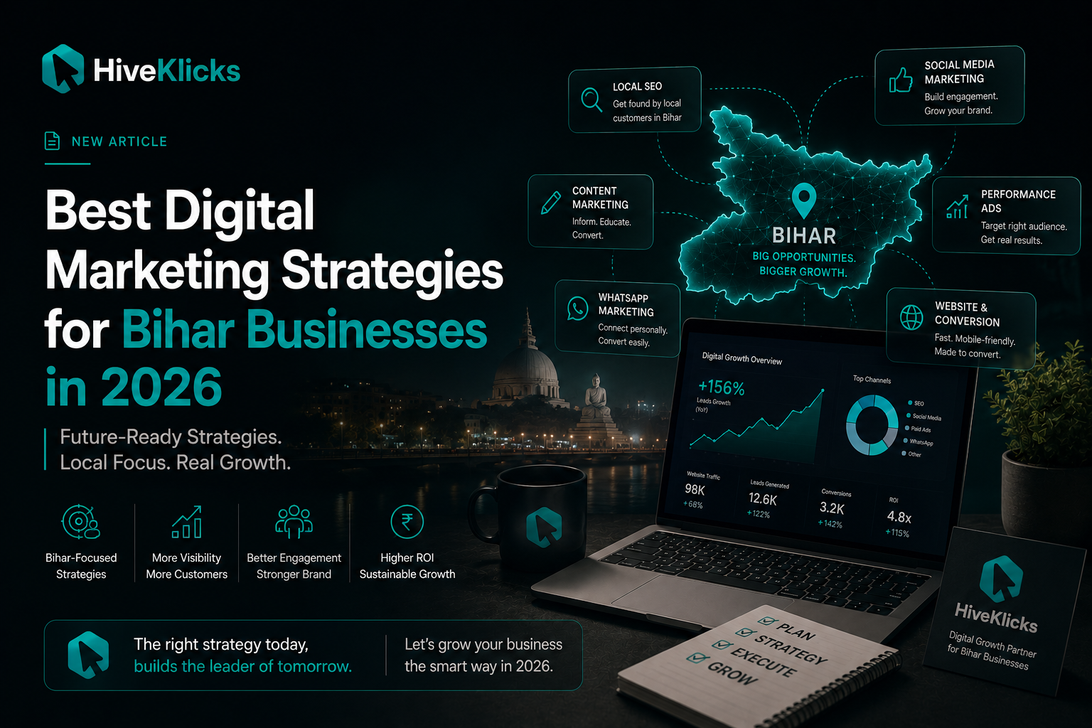 Best Digital Marketing Strategies for Bihar Businesses in 2026: a glowing Bihar map surrounded by local SEO, content, WhatsApp, social media, performance ads and website conversion cards with growth analytics, by HiveKlicks