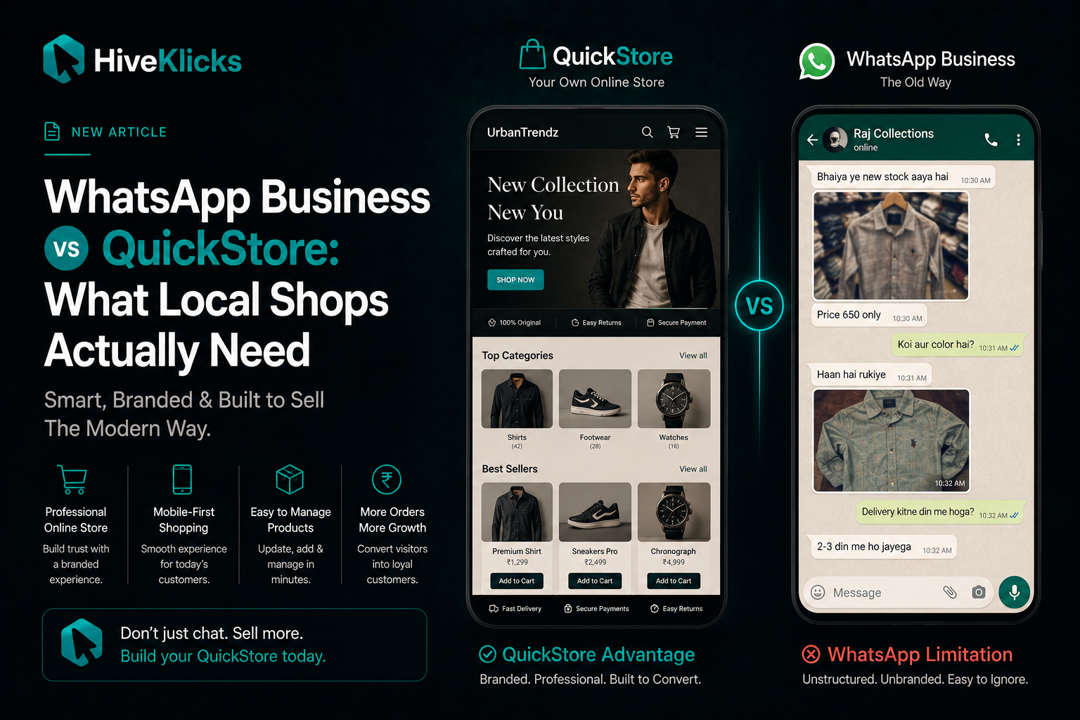 WhatsApp Business vs QuickStore, what local shops actually need: a branded QuickStore online store shown next to a WhatsApp Business chat on two phones, comparing a professional store with the old chat-based way, by HiveKlicks