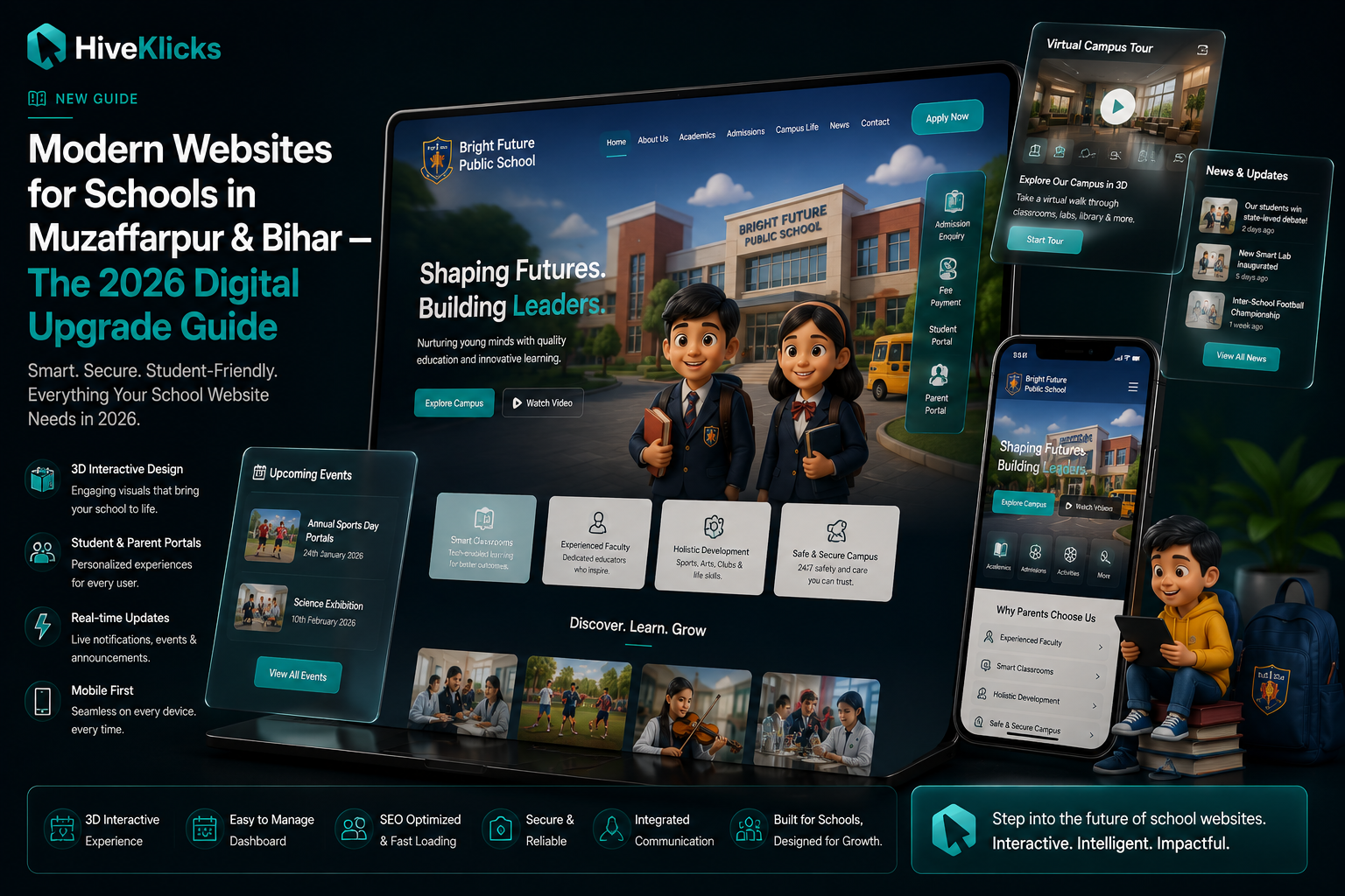 Modern Websites for Schools in Muzaffarpur and Bihar, the 2026 digital upgrade guide: a Bright Future Public School website shown on laptop and phone with a virtual campus tour, events, parent portals and a mobile-first design, by HiveKlicks