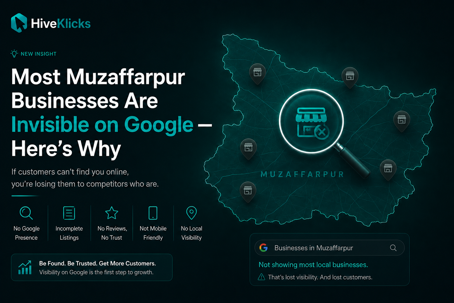 Most Muzaffarpur Businesses Are Invisible on Google, here is why: a Muzaffarpur map with common local-SEO gaps such as no Google presence, incomplete listings, no reviews, not mobile-friendly and low local visibility, by HiveKlicks