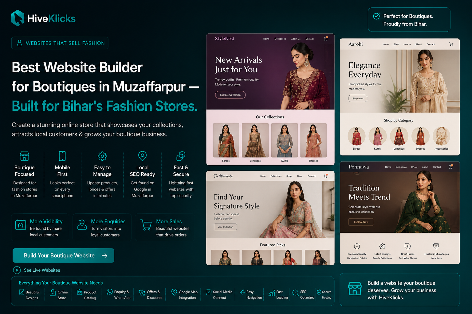 Best Website Builder for Boutiques in Muzaffarpur, built for Bihar's fashion stores: premium boutique online-store designs shown across desktop and mobile, by HiveKlicks