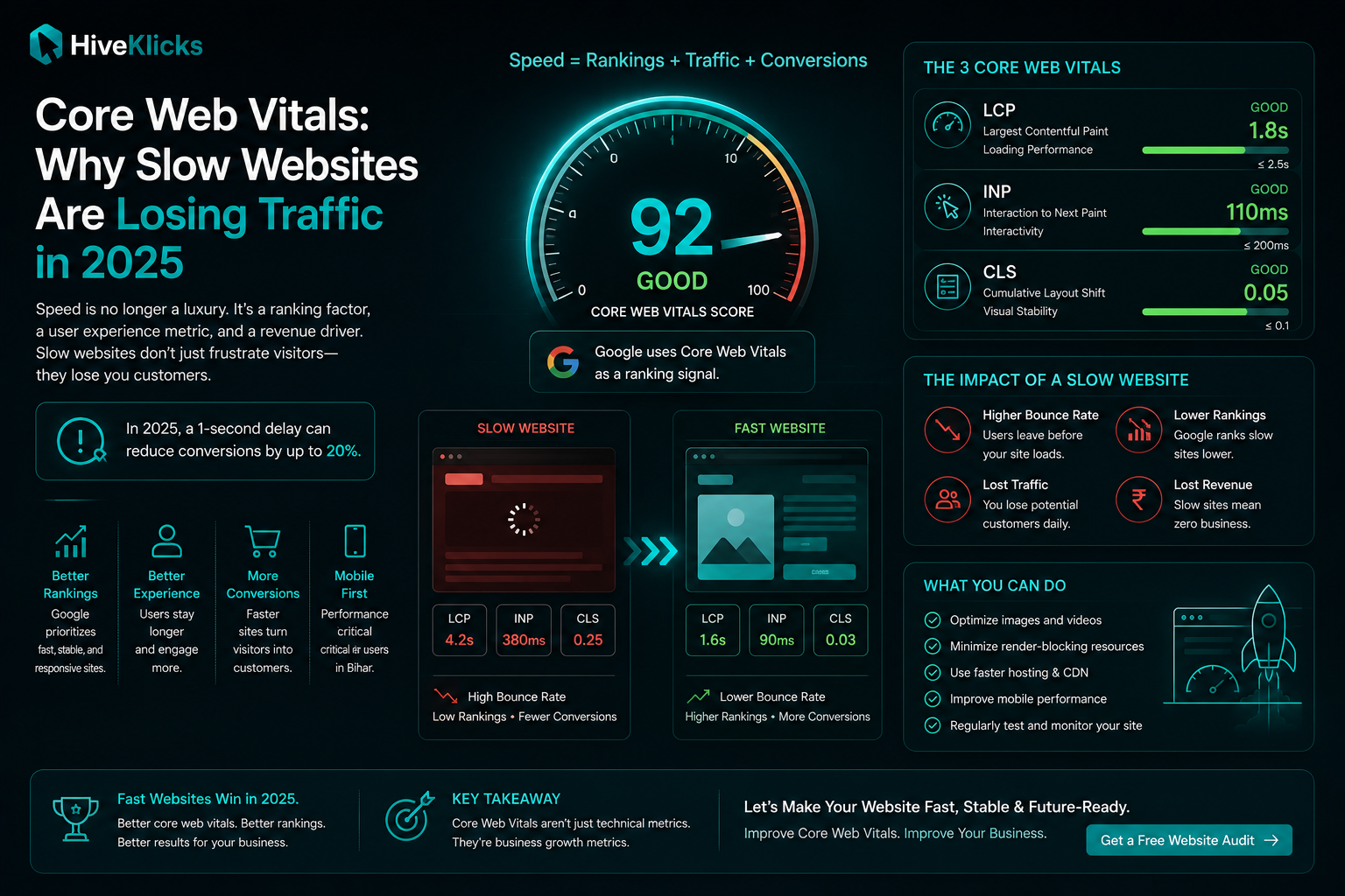 Core Web Vitals, why slow websites are losing traffic in 2025: a performance score gauge and a slow-versus-fast website comparison with LCP, INP and CLS metrics and their impact on rankings and conversions, by HiveKlicks
