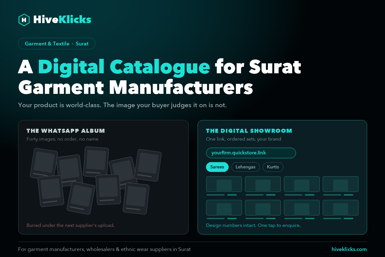 Digital catalogue for Surat garment manufacturers: a diagram contrasting scattered WhatsApp product photos with one organised, branded digital showroom link, by HiveKlicks