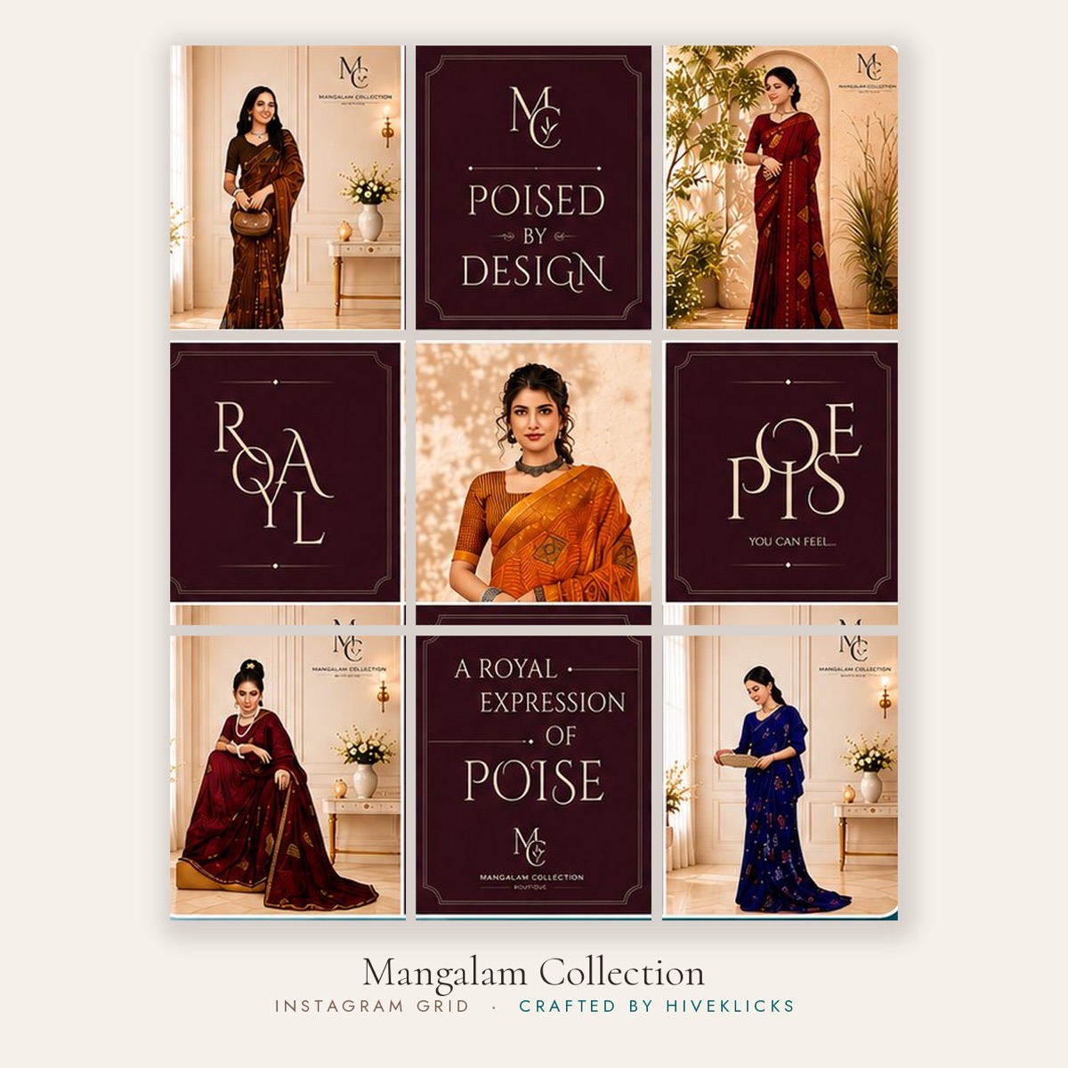 Mangalam Collection Instagram grid designed by HiveKlicks &mdash; a 3x3 luxury feed in maroon and royal tones with saree photography and premium serif typography