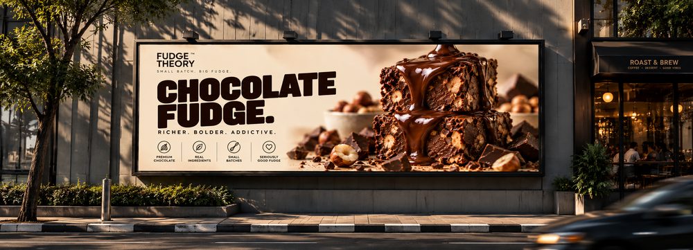 The Fudge Theory Chocolate Fudge poster on a street billboard at golden hour