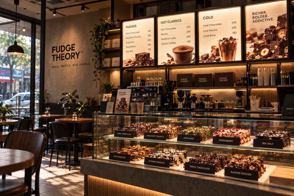 Fudge Theory café: the wordmark on the wall, backlit menu boards and a glass counter of labelled fudge flavours