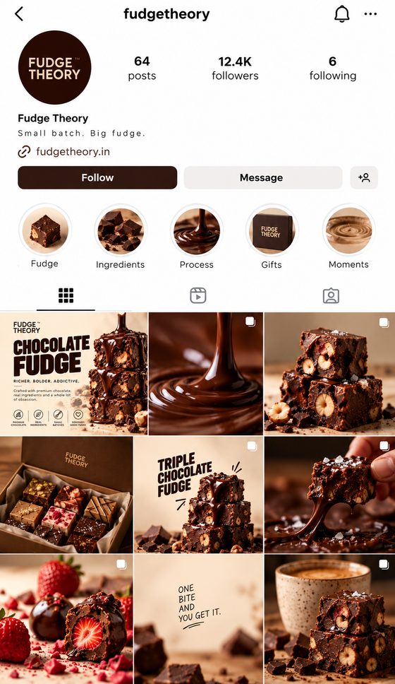 Fudge Theory Instagram profile mockup: the wordmark avatar, story highlights and the first nine posts in chocolate and cream