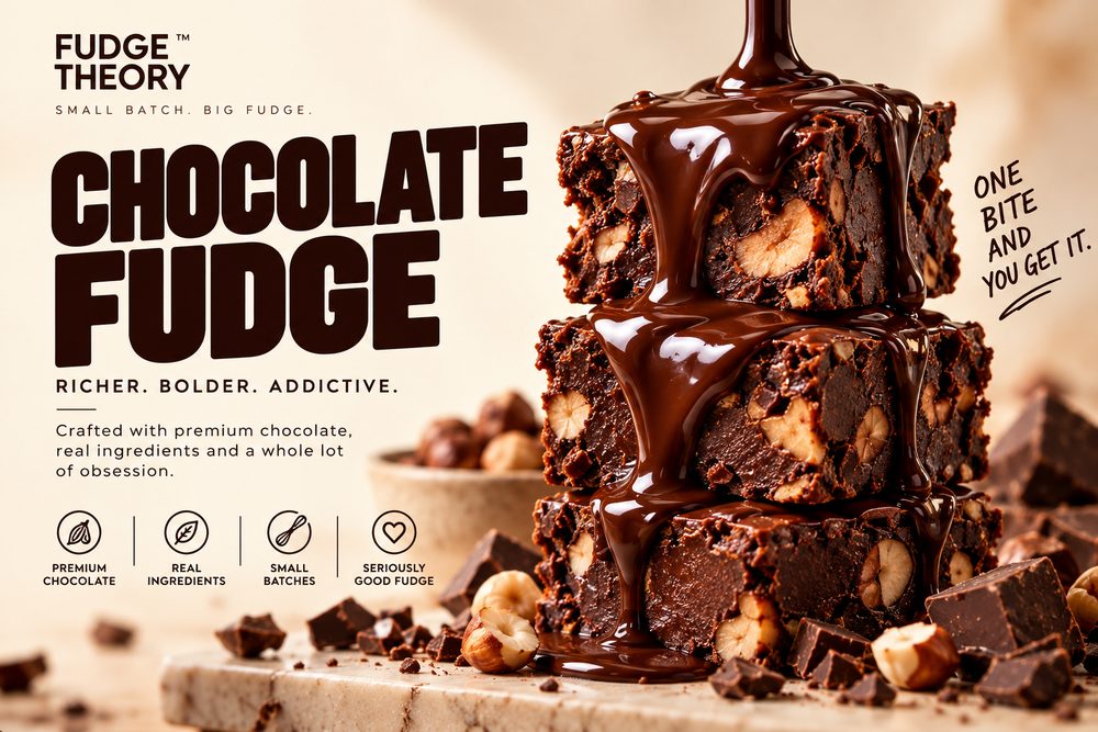Fudge Theory launch poster: “Chocolate Fudge. Richer. Bolder. Addictive.” beside a stack of hazelnut fudge under a chocolate pour