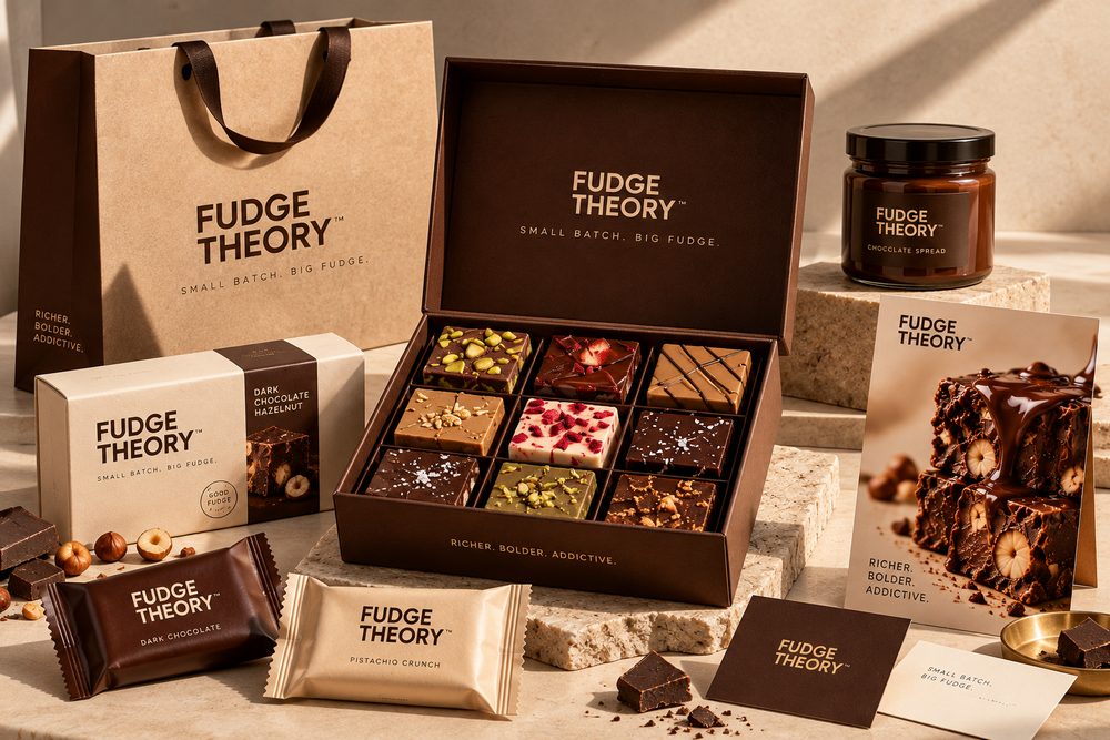 Fudge Theory gift packaging: a nine-piece fudge box, bar sleeve, wrappers, a chocolate spread jar and a kraft carry bag