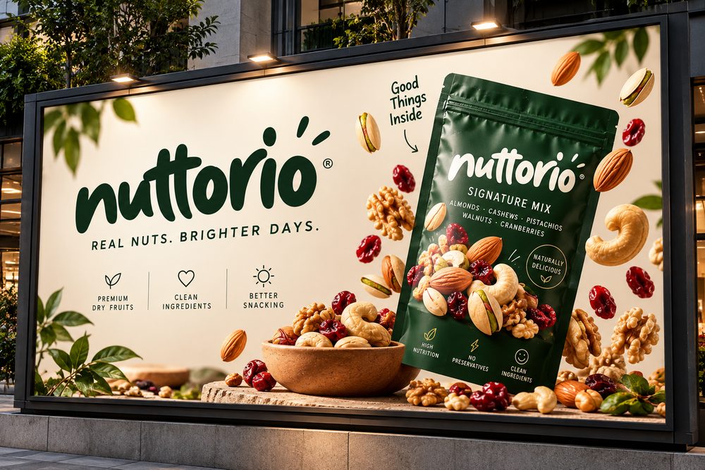 A Nuttorio billboard reading Real Nuts. Brighter Days. above a city street