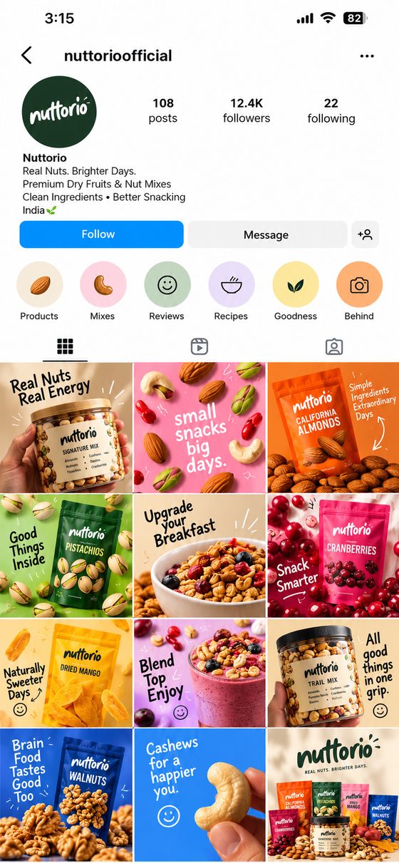 The Nuttorio Instagram profile with colourful product posts