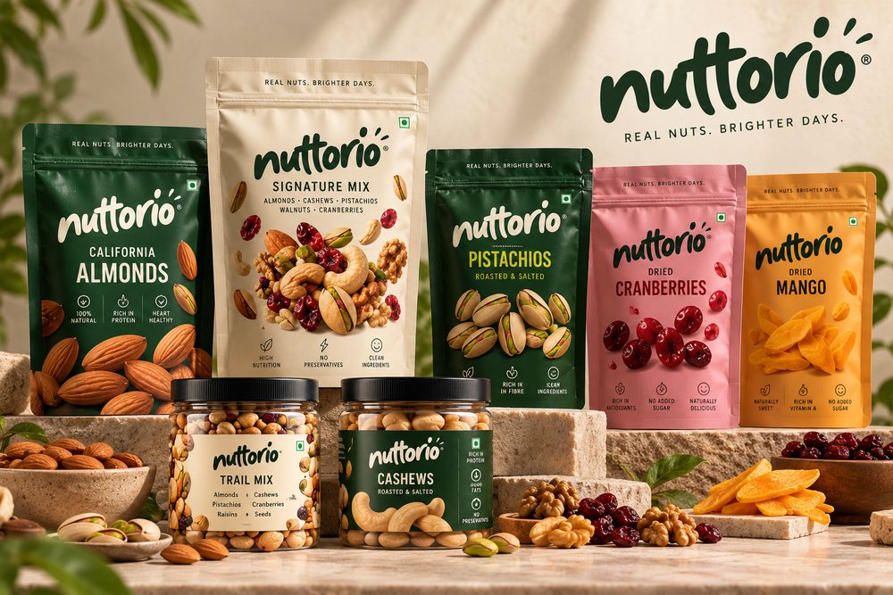 Nuttorio dry-fruit packaging: almond, Signature Mix, pistachio, cranberry and mango pouches with trail mix and cashew jars