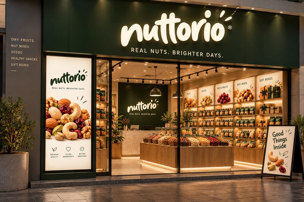 Nuttorio shopfront at dusk: the wordmark on a forest-green fascia, a window poster and shelves of packs inside