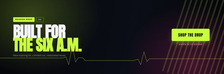 Pulse Athletics advertising banner with condensed type, a waveform and a shop the drop button