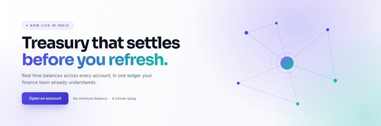 Vault fintech website hero banner, light theme with a gradient node network