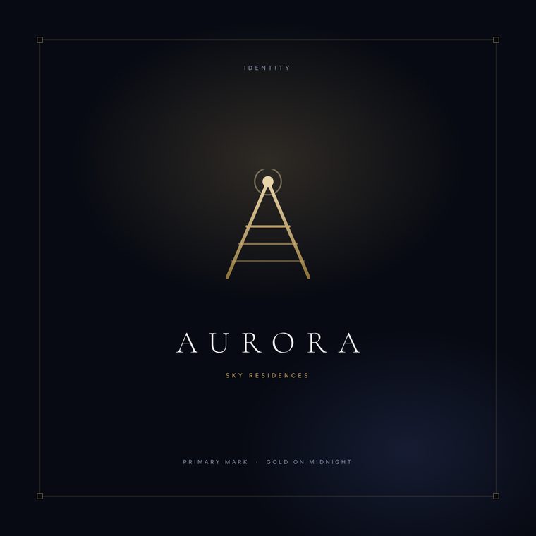 Aurora Heights logo: a gold A drawn as a tower with stacked floor plates, on midnight