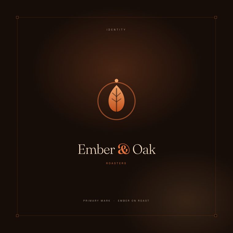 Ember and Oak logo: an ember coloured leaf inside a ring, on a dark roast background