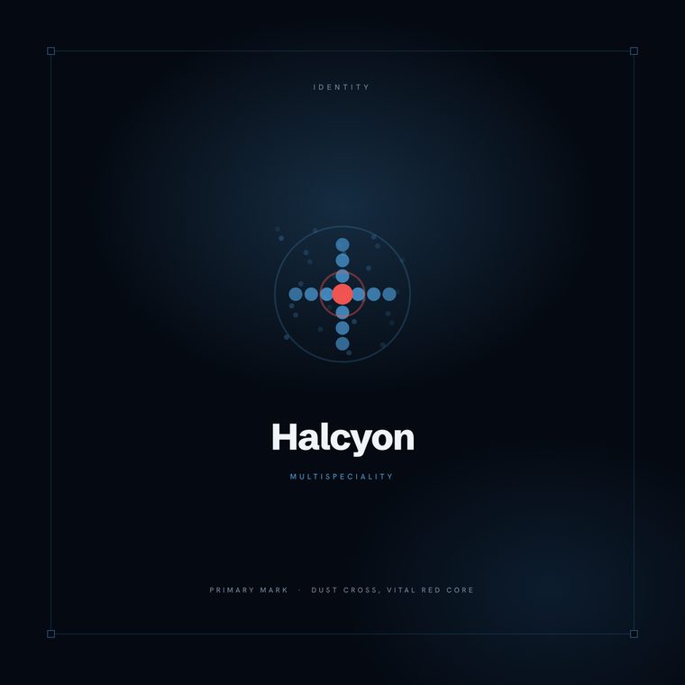 Halcyon logo: a medical cross assembled from blue dust motes around a vital red core