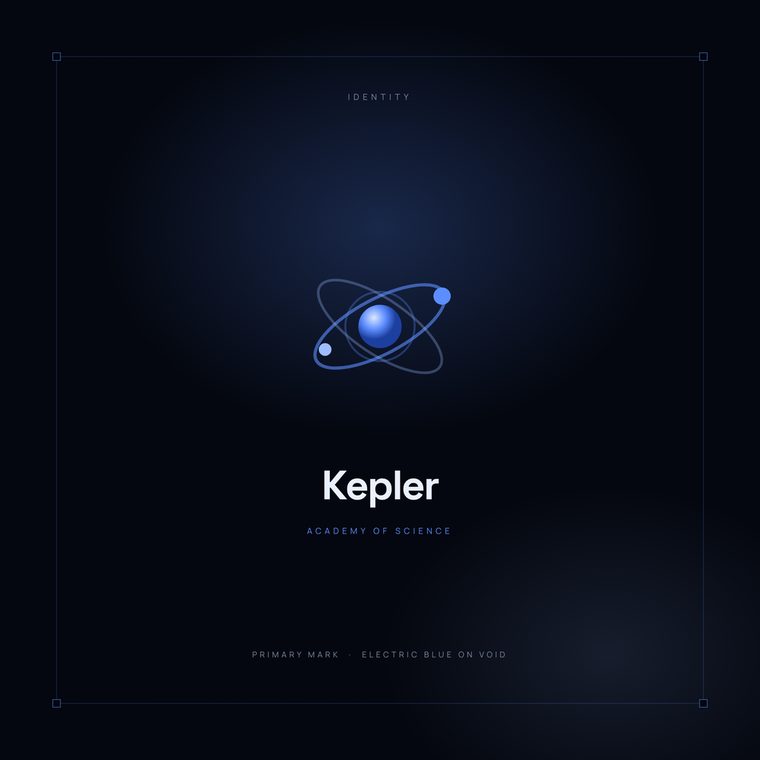 Kepler Academy logo: two crossed orbital ellipses around a glowing blue core