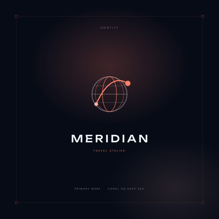 Meridian logo: a wireframe globe with a coral flight arc leaving its surface