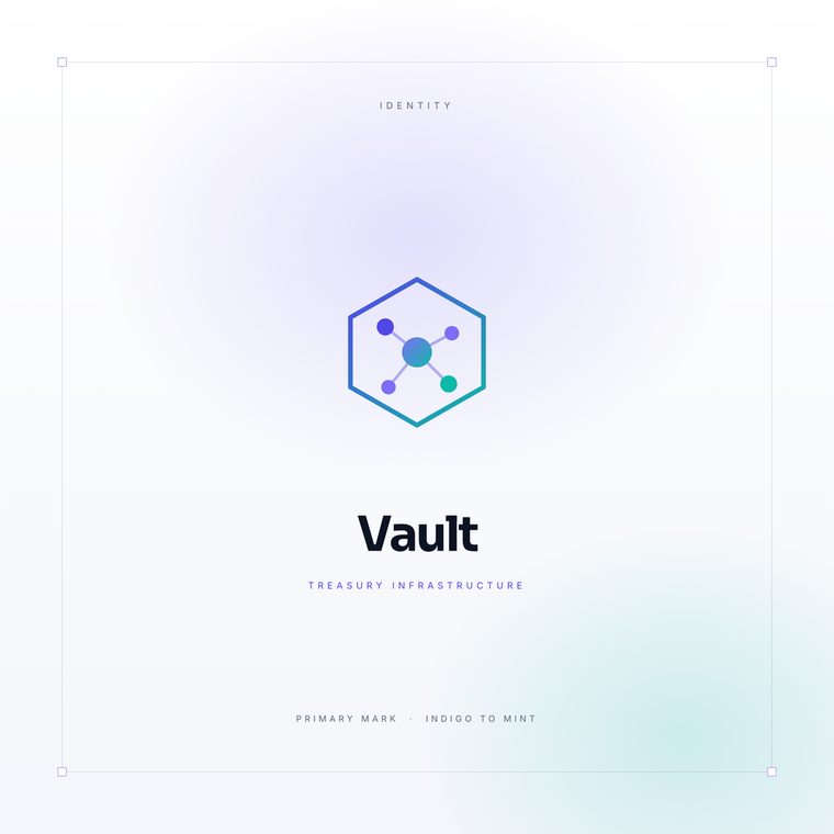Vault logo: a hexagon enclosing a node network, indigo to mint gradient on white