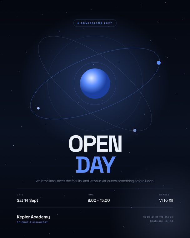 Kepler Academy open day poster with an orbiting particle system over a deep space field