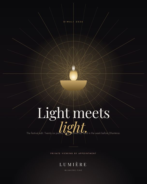 Lumiere Diwali poster with a lit diya, radiating gold rays and a lotus geometry mandala