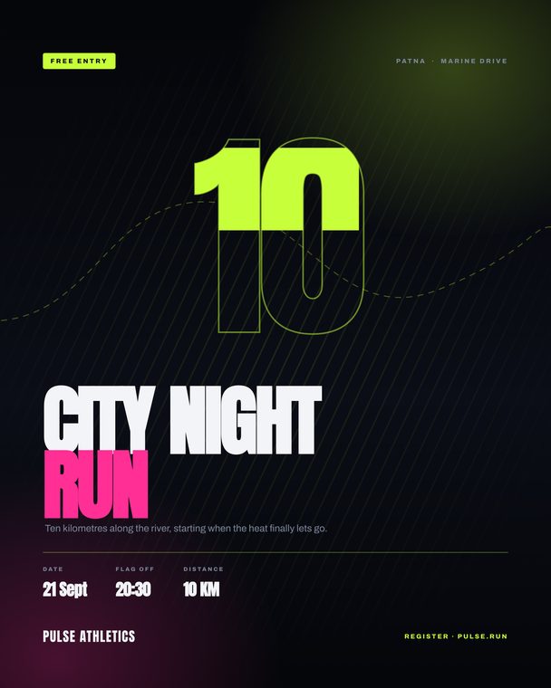 Pulse Athletics city night run poster with an oversized numeral ten and a dashed route line
