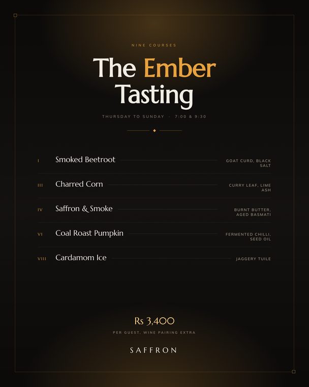Saffron nine course tasting menu poster set in a fine ruled frame