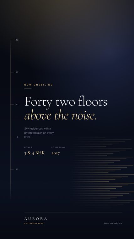 Aurora Heights Instagram story: gold serif headline over an abstract night skyline with a floor-count rail