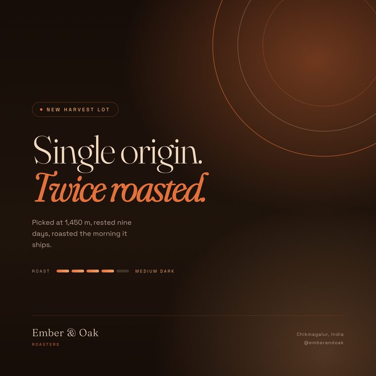 Ember and Oak feed post announcing a single origin harvest lot, with a roast level meter