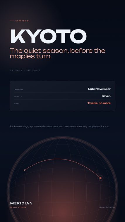 Meridian travel story for Kyoto with a coral wireframe globe and an itinerary card