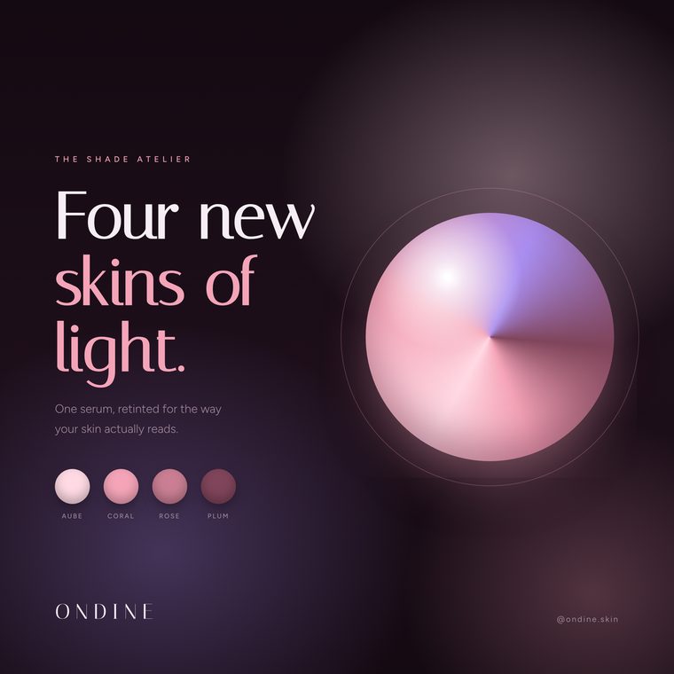 Ondine skincare feed post with an iridescent essence orb and four shade swatches