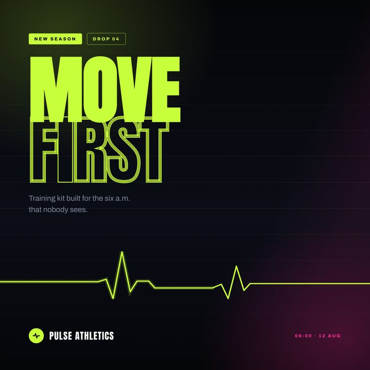 Pulse Athletics feed post with heavy condensed type and a volt green heartbeat waveform