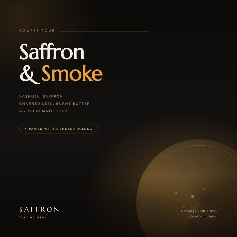 Saffron fine dining feed post presenting the fourth course over an abstract plate
