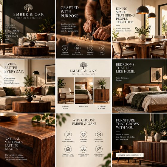 Nine-post Instagram grid designed for Ember & Oak, a furniture store concept