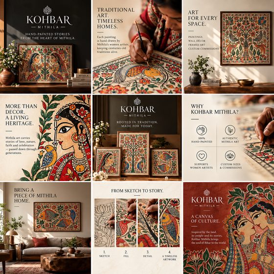 Nine-post Instagram grid designed for Kohbar, a Mithila art concept