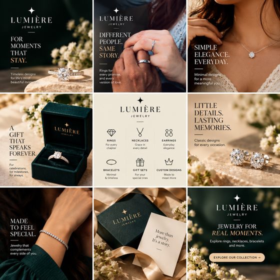 Nine-post Instagram grid designed for Lumière, a jewellery store concept