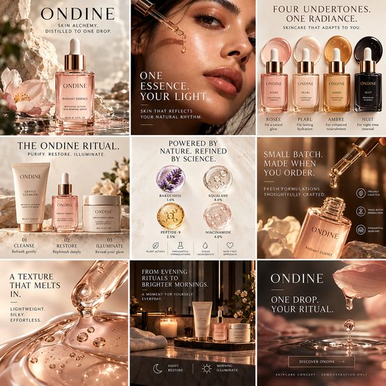 Nine-post Instagram grid designed for Ondine, a skincare store concept