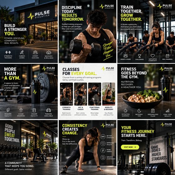 Nine-post Instagram grid designed for Pulse Athletics, a gym concept