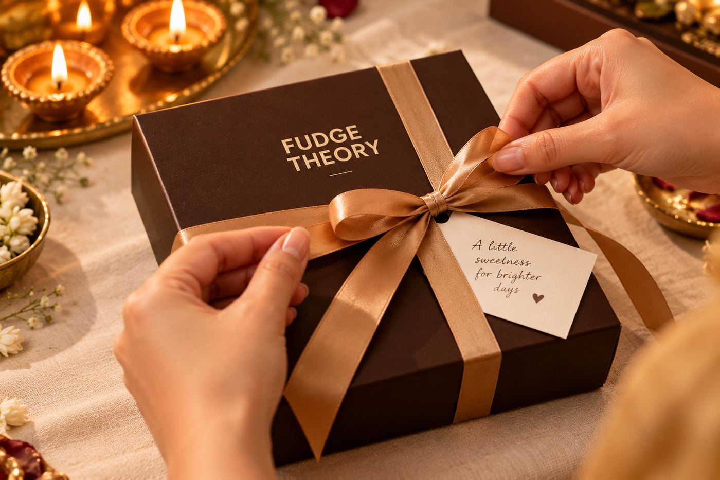 Hands tying a ribbon around a Fudge Theory gift box on a cream table