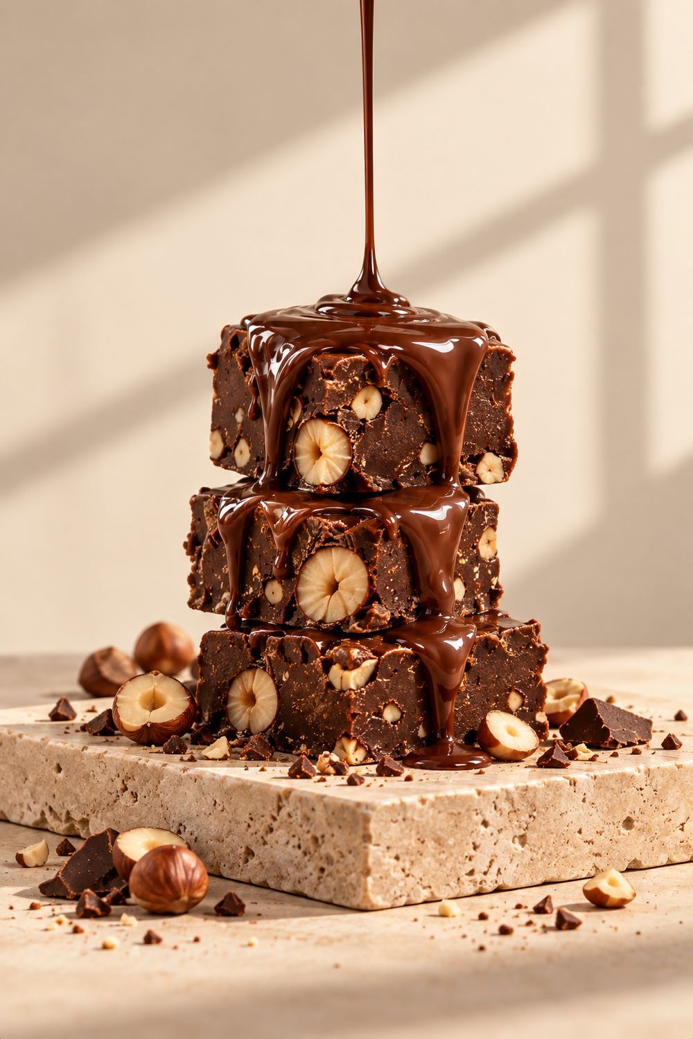 Three squares of hazelnut chocolate fudge stacked on stone, with warm chocolate poured over the top