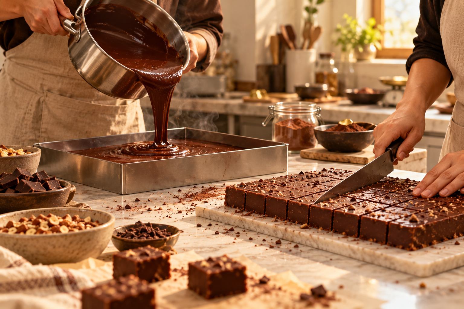 Molten chocolate fudge being poured into a steel frame in a small kitchen