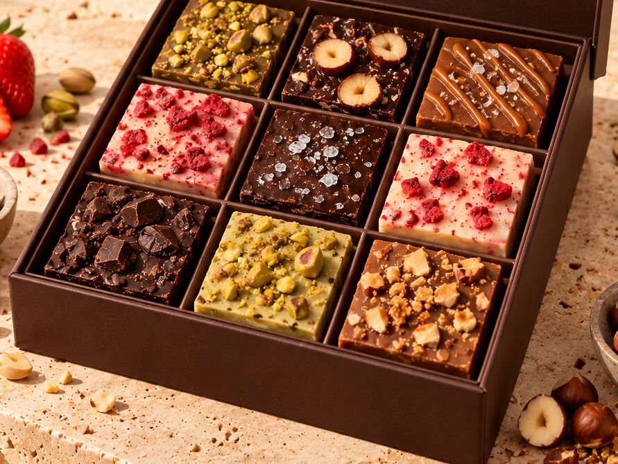 Nine hand-cut fudge squares packed into a Fudge Theory gift box