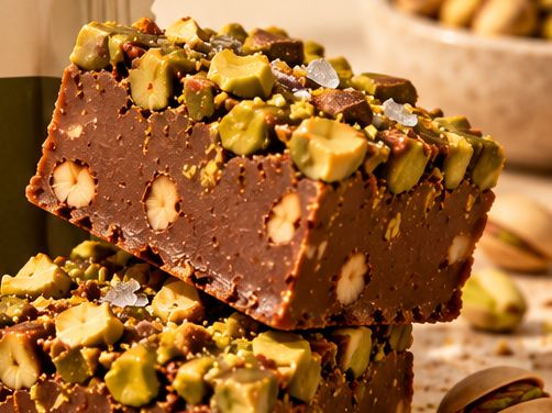 Fudge squares heaped with chopped salted pistachios