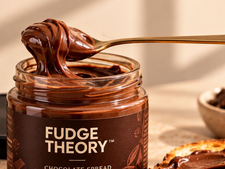 Glossy chocolate fudge spread curling off a spoon