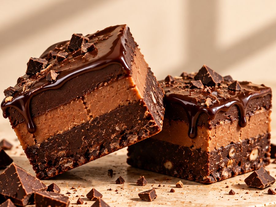 A cut square of triple chocolate fudge showing its three set layers
