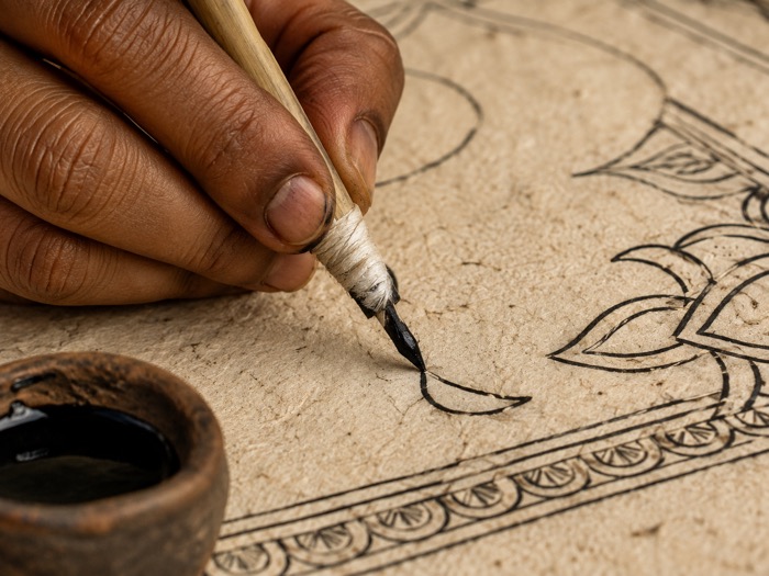 Drawing the outline with a bamboo nib