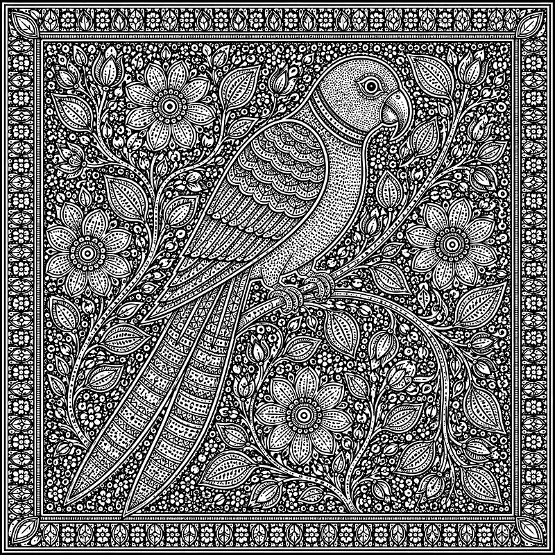 Parrot motif, Mithila line drawing